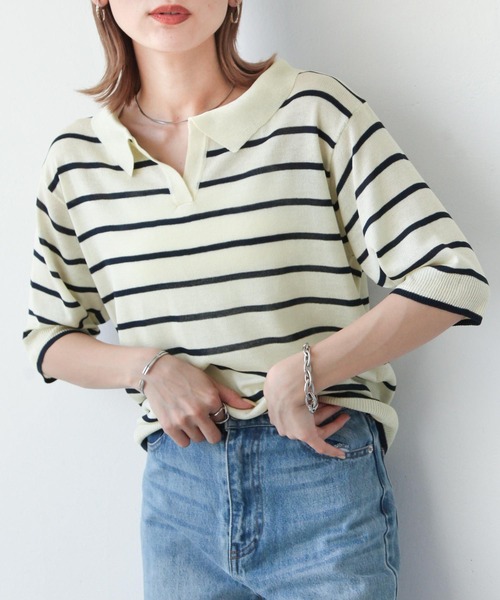 Chillfar(チルファー)の「ボーダースキッパーサマーニットポロ(ニット/セーター・レディース・アイボリー/ホワイト系/ホワイト系1・FREE)」の3枚目の写真