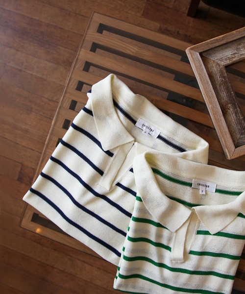 Chillfar(チルファー)の「ボーダースキッパーサマーニットポロ(ニット/セーター・レディース・アイボリー/ホワイト系/ホワイト系1・FREE)」の1枚目の写真