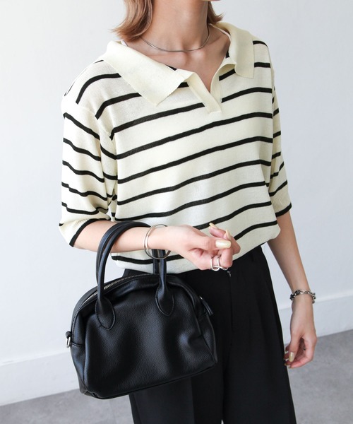 Chillfar(チルファー)の「ボーダースキッパーサマーニットポロ(ニット/セーター・レディース・アイボリー/ホワイト系/ホワイト系1・FREE)」の2枚目の写真