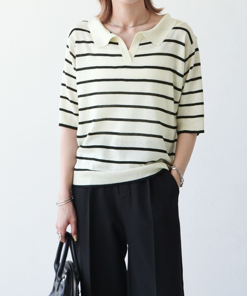 Chillfar(チルファー)の「ボーダースキッパーサマーニットポロ(ニット/セーター・レディース・アイボリー/ホワイト系/ホワイト系1・FREE)」の5枚目の写真