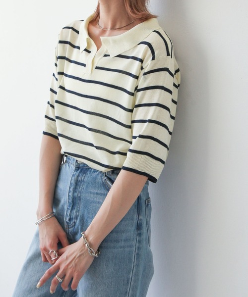 Chillfar(チルファー)の「ボーダースキッパーサマーニットポロ(ニット/セーター・レディース・アイボリー/ホワイト系/ホワイト系1・FREE)」の12枚目の写真