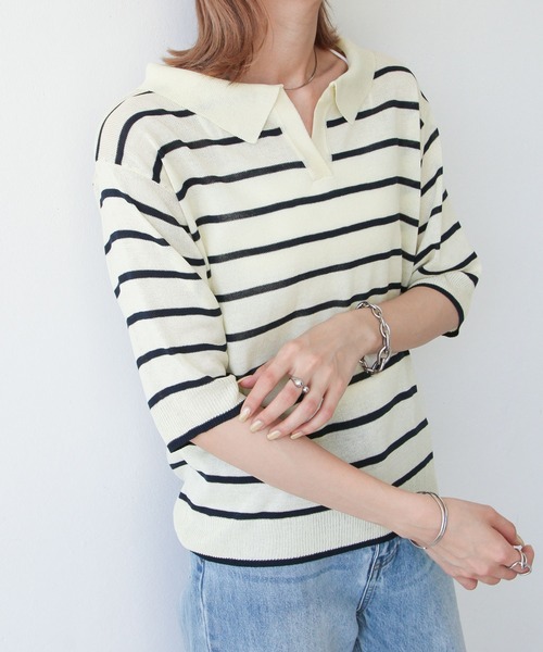 Chillfar(チルファー)の「ボーダースキッパーサマーニットポロ(ニット/セーター・レディース・アイボリー/ホワイト系/ホワイト系1・FREE)」の15枚目の写真