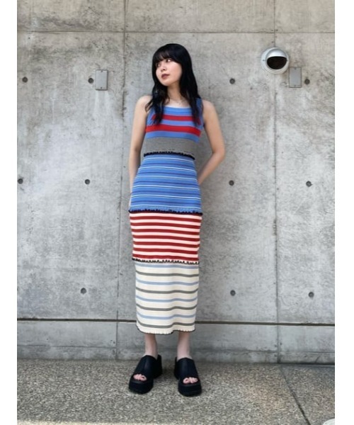 【美品】パーリーゲイツ 薄手ニット ワンピース ボーダー プリーツ スカート サイズ：1 PEARLY GATES パーリーゲイツ ニットスカート