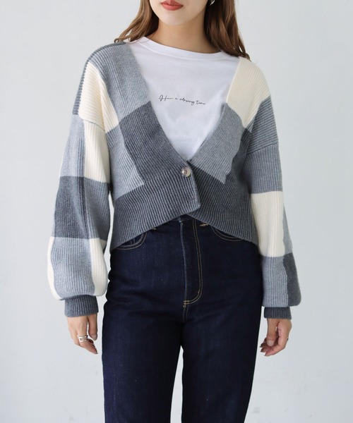 HER CLOSET(ハークローゼット)の「【shemoshelly】ブロックチェック ショートカーディガン(ニット/セーター・レディース・ネイビー/ミント/杢グレー/テラコッタ・M)」の2枚目の写真