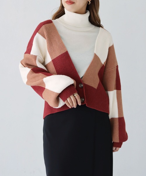 HER CLOSET(ハークローゼット)の「【shemoshelly】ブロックチェック ショートカーディガン(ニット/セーター・レディース・ネイビー/ミント/杢グレー/テラコッタ・M)」の9枚目の写真