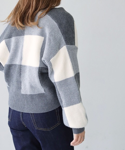HER CLOSET(ハークローゼット)の「【shemoshelly】ブロックチェック ショートカーディガン(ニット/セーター・レディース・ネイビー/ミント/杢グレー/テラコッタ・M)」の6枚目の写真