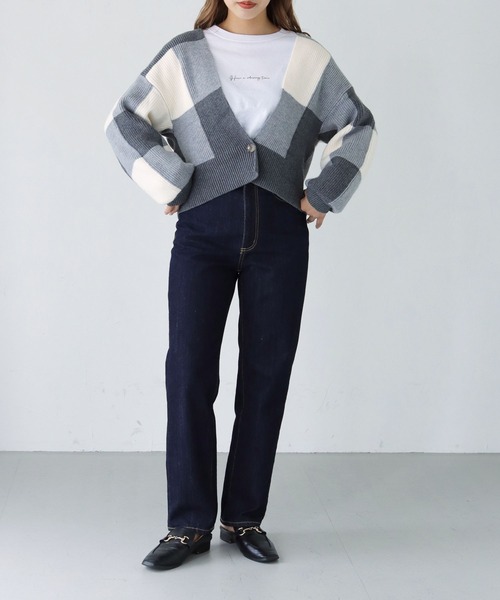 HER CLOSET(ハークローゼット)の「【shemoshelly】ブロックチェック ショートカーディガン(ニット/セーター・レディース・ネイビー/ミント/杢グレー/テラコッタ・M)」の7枚目の写真