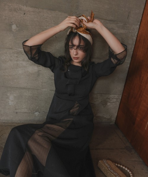 Callarus］フロントドレープデザインレース×ジャガード切替ワンピース