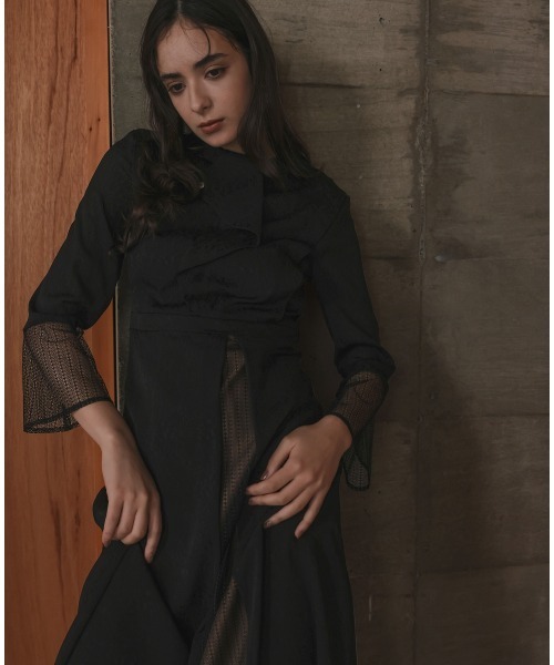 Callarus］フロントドレープデザインレース×ジャガード切替ワンピース