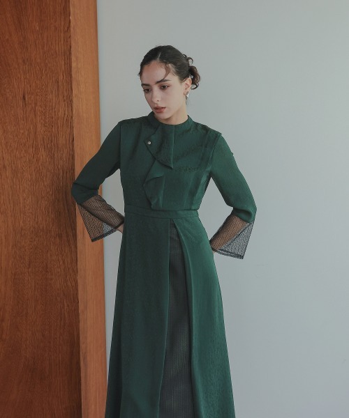 Callarus］フロントドレープデザインレース×ジャガード切替ワンピース