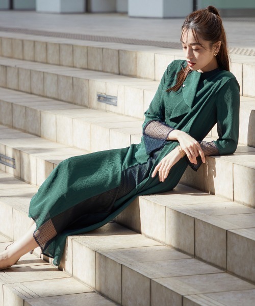 セール】［Callarus］フロントドレープデザインレース×ジャガード切替