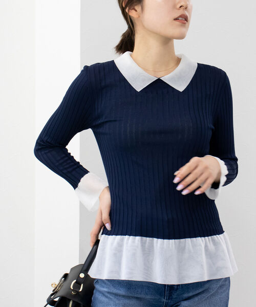 NOLLEY’S(ノーリーズ)の「シアー衿付きリブニット(ニット/セーター・レディース・ベージュ/ブラック/ネイビー・38)」の3枚目の写真