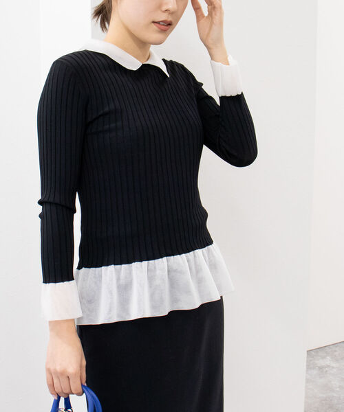 NOLLEY’S(ノーリーズ)の「シアー衿付きリブニット(ニット/セーター・レディース・ベージュ/ブラック/ネイビー・38)」の1枚目の写真