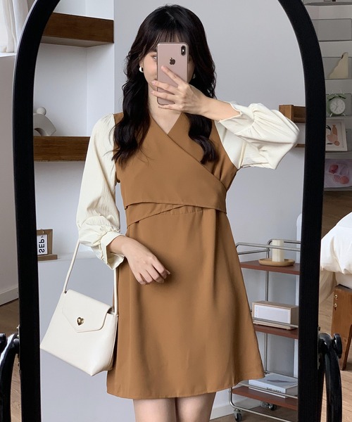 EPICKS（エピックス）の「きれいめVネック切り替えミニワンピース（ワンピース・レディース・ブラック/ベージュ・M/XL）」の10枚目の写真