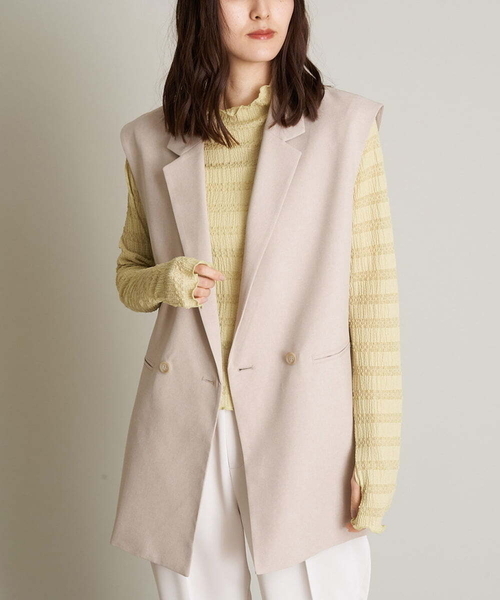 a.v.v(アーヴェヴェ)の「【UVカット/洗える】麻調ストレッチジレ【麻調シリーズ】(ベスト・レディース・ベージュ/ネイビー・40/36/38/42/34)」の1枚目の写真