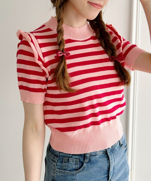 Loueme（ルエム）の「プチフリルボーダートップス（シャツ/ブラウス・レディース・イエロー/ライトブルー/レッド/ホワイト/アイボリー・FREE）」の5枚目の写真