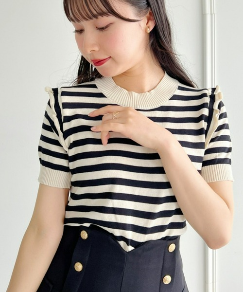 Loueme（ルエム）の「プチフリルボーダートップス（シャツ/ブラウス・レディース・イエロー/ライトブルー/レッド/ホワイト/アイボリー・FREE）」の3枚目の写真