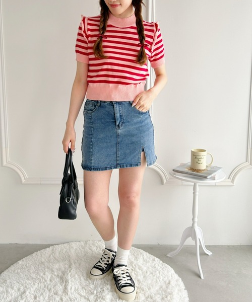 【美品✨】ルネ　トップス　ボーダー　ボウタイ　フリル　2022年　34 衿フリルボーダーニット[品番：NCLW0012928]｜NICE CLAUP