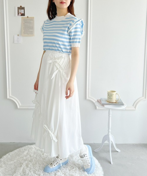 Loueme（ルエム）の「プチフリルボーダートップス（シャツ/ブラウス・レディース・イエロー/ライトブルー/レッド/ホワイト/アイボリー・FREE）」の7枚目の写真