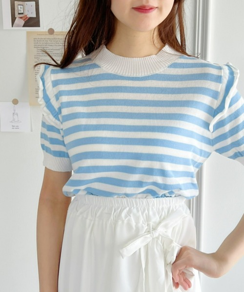 Loueme（ルエム）の「プチフリルボーダートップス（シャツ/ブラウス・レディース・イエロー/ライトブルー/レッド/ホワイト/アイボリー・FREE）」の8枚目の写真