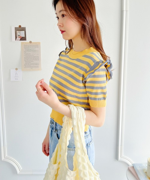 Loueme（ルエム）の「プチフリルボーダートップス（シャツ/ブラウス・レディース・イエロー/ライトブルー/レッド/ホワイト/アイボリー・FREE）」の12枚目の写真