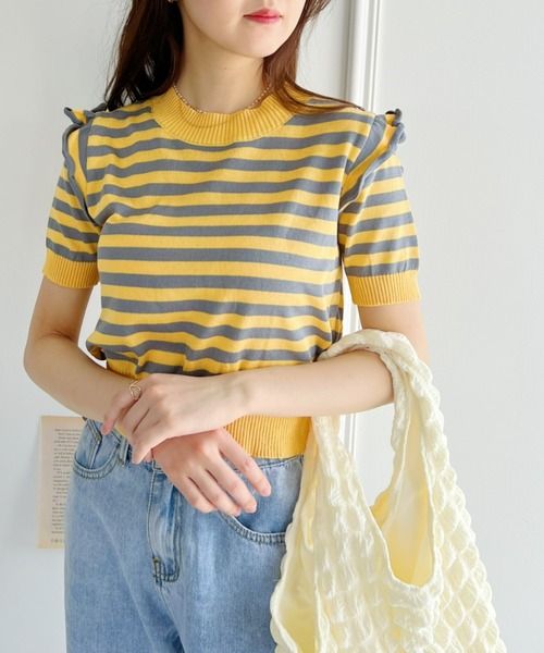 Loueme（ルエム）の「プチフリルボーダートップス（シャツ/ブラウス・レディース・イエロー/ライトブルー/レッド/ホワイト/アイボリー・FREE）」の19枚目の写真