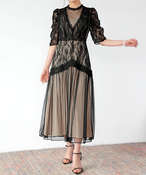 GIRL DRESS FOR NOW ドレス レース×ドットチュールティアード