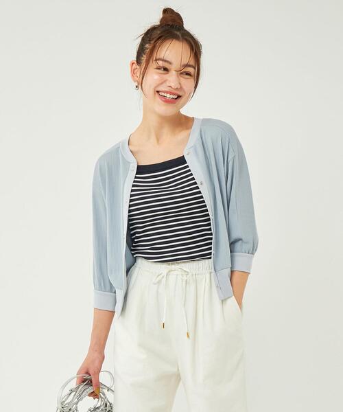 green label relaxing（グリーンレーベルリラクシング）の「ハイツイスト シアー テレコ カーディガン（カーディガン/ボレロ・レディース・ライトブルー/ホワイト/ブラック・FREE）」の3枚目の写真