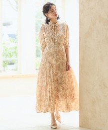 ワンピース 花柄 レトロ柄 半袖 プリーツ ミモレ丈