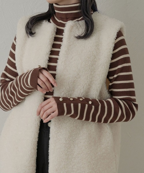 Ambre Neige(アンブルネージュ)の「アソートボーダーボタンハイネックニット/【WEB/EC限定商品】(ニット/セーター・レディース・アイボリー/ブラウン系その他/ホワイト系その他・FREE)」の2枚目の写真