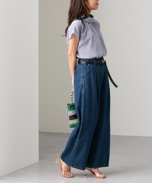 小さいサイズ ウエストタックハイウエストワイドデニムパンツ 低