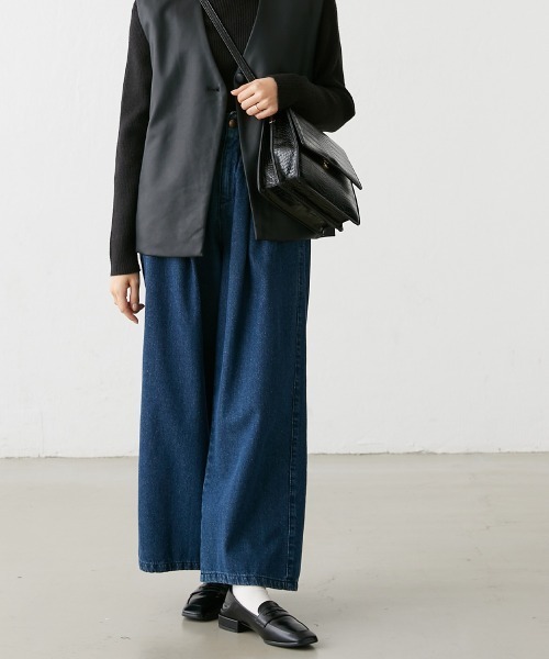 小さいサイズ ウエストタックハイウエストワイドデニムパンツ 低身長