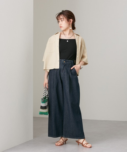 小さいサイズ ウエストタックハイウエストワイドデニムパンツ 低