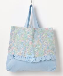 帆布　ドット　くすみブルー　フリル　レッスンバッグ トートバッグ（ブルー・ネイビー/青色系・フリル）ファッション