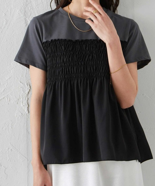 RANAN(ラナン)の「【接触冷感】シャーリングドッキング半袖プルオーバー(Tシャツ/カットソー・レディース・ダークネイビー/ベージュ系その他/グレー系その他/ホワイト×ブラック/カーキ/ホワイト×グレー・LL/L/M/3L)」の4枚目の写真