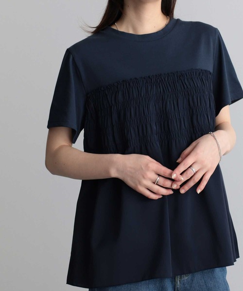 RANAN(ラナン)の「【接触冷感】シャーリングドッキング半袖プルオーバー(Tシャツ/カットソー・レディース・ダークネイビー/ベージュ系その他/グレー系その他/ホワイト×ブラック/カーキ/ホワイト×グレー・LL/L/M/3L)」の6枚目の写真