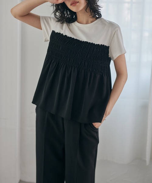 RANAN(ラナン)の「【接触冷感】シャーリングドッキング半袖プルオーバー(Tシャツ/カットソー・レディース・ダークネイビー/ベージュ系その他/グレー系その他/ホワイト×ブラック/カーキ/ホワイト×グレー・LL/L/M/3L)」の16枚目の写真