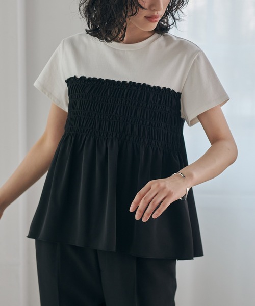 RANAN(ラナン)の「【接触冷感】シャーリングドッキング半袖プルオーバー(Tシャツ/カットソー・レディース・ダークネイビー/ベージュ系その他/グレー系その他/ホワイト×ブラック/カーキ/ホワイト×グレー・LL/L/M/3L)」の17枚目の写真