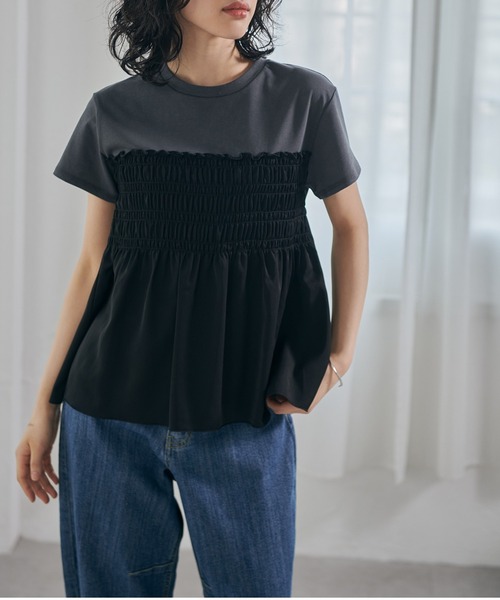 RANAN(ラナン)の「【接触冷感】シャーリングドッキング半袖プルオーバー(Tシャツ/カットソー・レディース・ダークネイビー/ベージュ系その他/グレー系その他/ホワイト×ブラック/カーキ/ホワイト×グレー・LL/L/M/3L)」の19枚目の写真