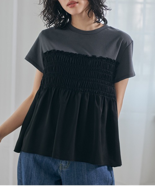 RANAN(ラナン)の「【接触冷感】シャーリングドッキング半袖プルオーバー(Tシャツ/カットソー・レディース・ダークネイビー/ベージュ系その他/グレー系その他/ホワイト×ブラック/カーキ/ホワイト×グレー・LL/L/M/3L)」の20枚目の写真
