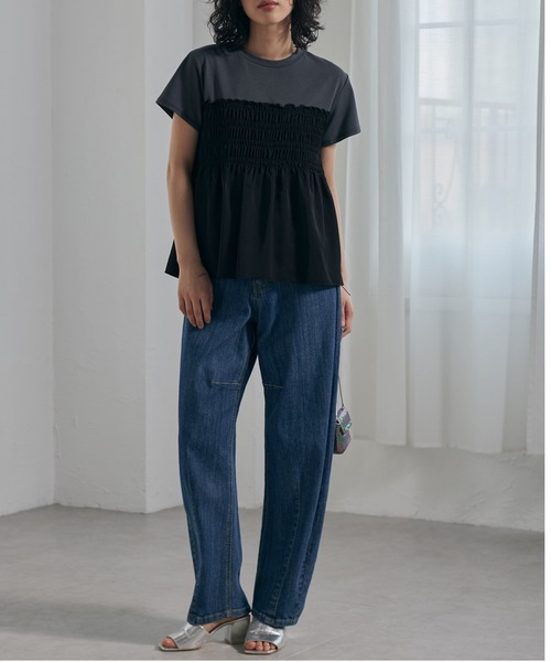 RANAN(ラナン)の「【接触冷感】シャーリングドッキング半袖プルオーバー(Tシャツ/カットソー・レディース・ダークネイビー/ベージュ系その他/グレー系その他/ホワイト×ブラック/カーキ/ホワイト×グレー・LL/L/M/3L)」の21枚目の写真