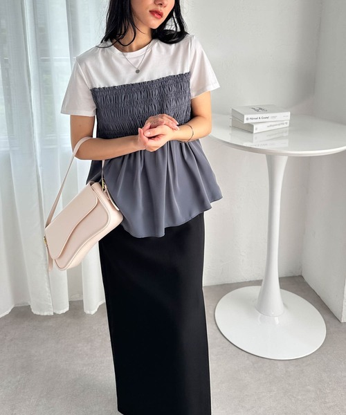 RANAN(ラナン)の「【接触冷感】シャーリングドッキング半袖プルオーバー(Tシャツ/カットソー・レディース・ダークネイビー/ベージュ系その他/グレー系その他/ホワイト×ブラック/カーキ/ホワイト×グレー・LL/L/M/3L)」の10枚目の写真