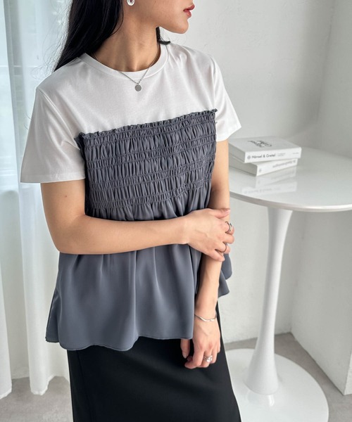 RANAN(ラナン)の「【接触冷感】シャーリングドッキング半袖プルオーバー(Tシャツ/カットソー・レディース・ダークネイビー/ベージュ系その他/グレー系その他/ホワイト×ブラック/カーキ/ホワイト×グレー・LL/L/M/3L)」の9枚目の写真
