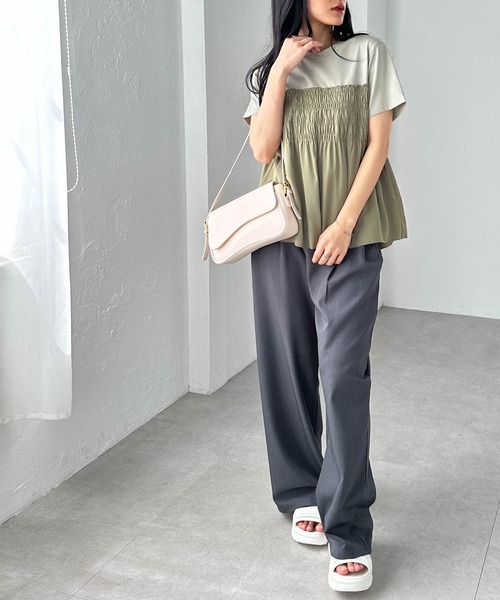 RANAN(ラナン)の「【接触冷感】シャーリングドッキング半袖プルオーバー(Tシャツ/カットソー・レディース・ダークネイビー/ベージュ系その他/グレー系その他/ホワイト×ブラック/カーキ/ホワイト×グレー・LL/L/M/3L)」の14枚目の写真