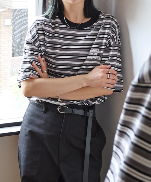 セール】ANMEエンブロイダリーロゴマルチボーダー半袖Tシャツ（T