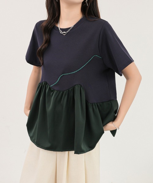 emi+（エミプラス）の「異素材ペプラムアシメ切り替えパイピングTEE（Tシャツ/カットソー・レディース・ベージュ/ブルー/ブラック・FREE）」の8枚目の写真
