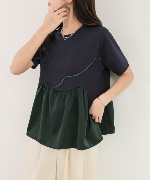 emi+（エミプラス）の「異素材ペプラムアシメ切り替えパイピングTEE（Tシャツ/カットソー・レディース・ベージュ/ブルー/ブラック・FREE）」の10枚目の写真