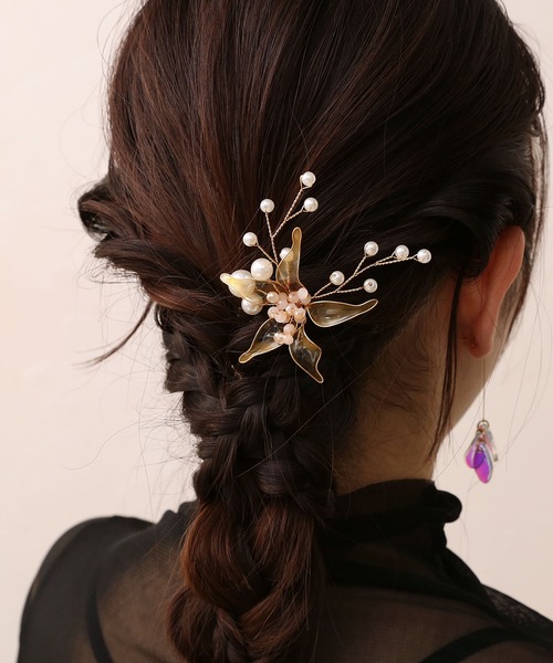 セール】パール×クリアフラワーのU字コーム/かんざし（その他ヘア