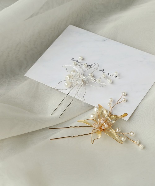 セール】パール×クリアフラワーのU字コーム/かんざし（その他ヘア