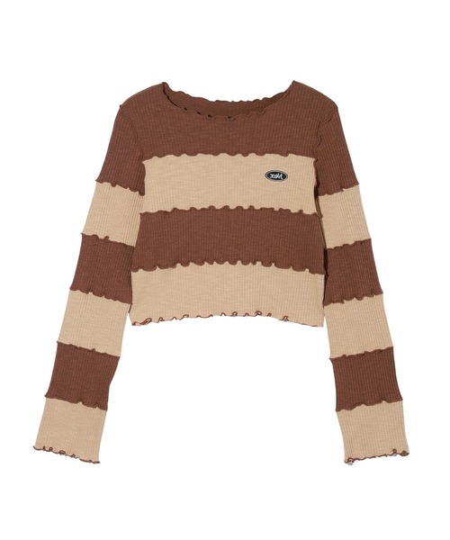 X-girl（エックスガール）の「STRIPED CROPPED TOP（Tシャツ/カットソー・レディース・バーガンディー/ブラウン/ネイビー・M/S）」の2枚目の写真